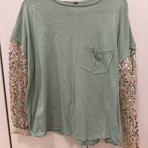 Free People Mint Long Sleeve Top with Sequin Sleeves